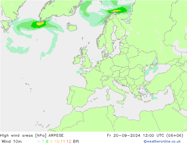 High wind areas ARPEGE 星期五 20.09.2024 12 UTC