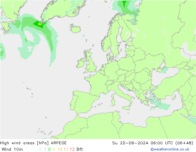 High wind areas ARPEGE dom 22.09.2024 06 UTC