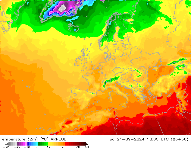 Temperatura (2m) ARPEGE sab 21.09.2024 18 UTC