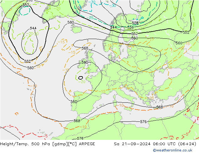 Hoogte/Temp. 500 hPa ARPEGE za 21.09.2024 06 UTC