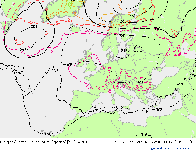 Height/Temp. 700 hPa ARPEGE Fr 20.09.2024 18 UTC