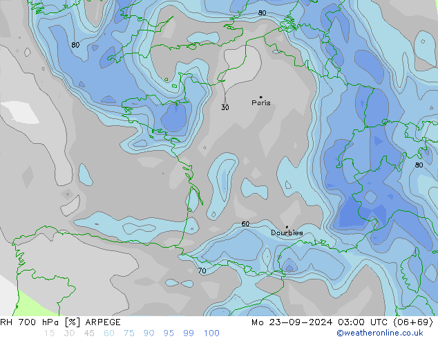 RH 700 hPa ARPEGE Mo 23.09.2024 03 UTC