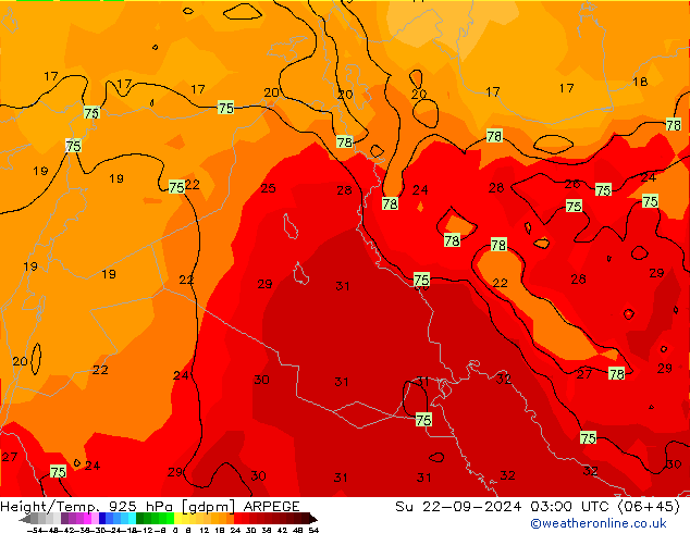 Yükseklik/Sıc. 925 hPa ARPEGE Paz 22.09.2024 03 UTC