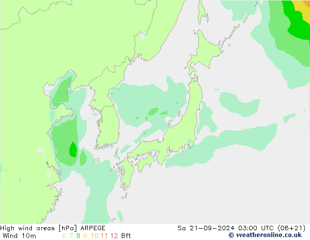 High wind areas ARPEGE Sa 21.09.2024 03 UTC