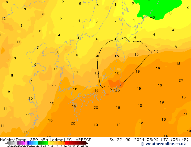 Height/Temp. 850 hPa ARPEGE Ne 22.09.2024 06 UTC