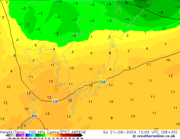 Height/Temp. 700 hPa ARPEGE Sáb 21.09.2024 12 UTC