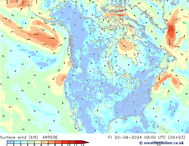 Viento 10 m (bft) ARPEGE vie 20.09.2024 09 UTC