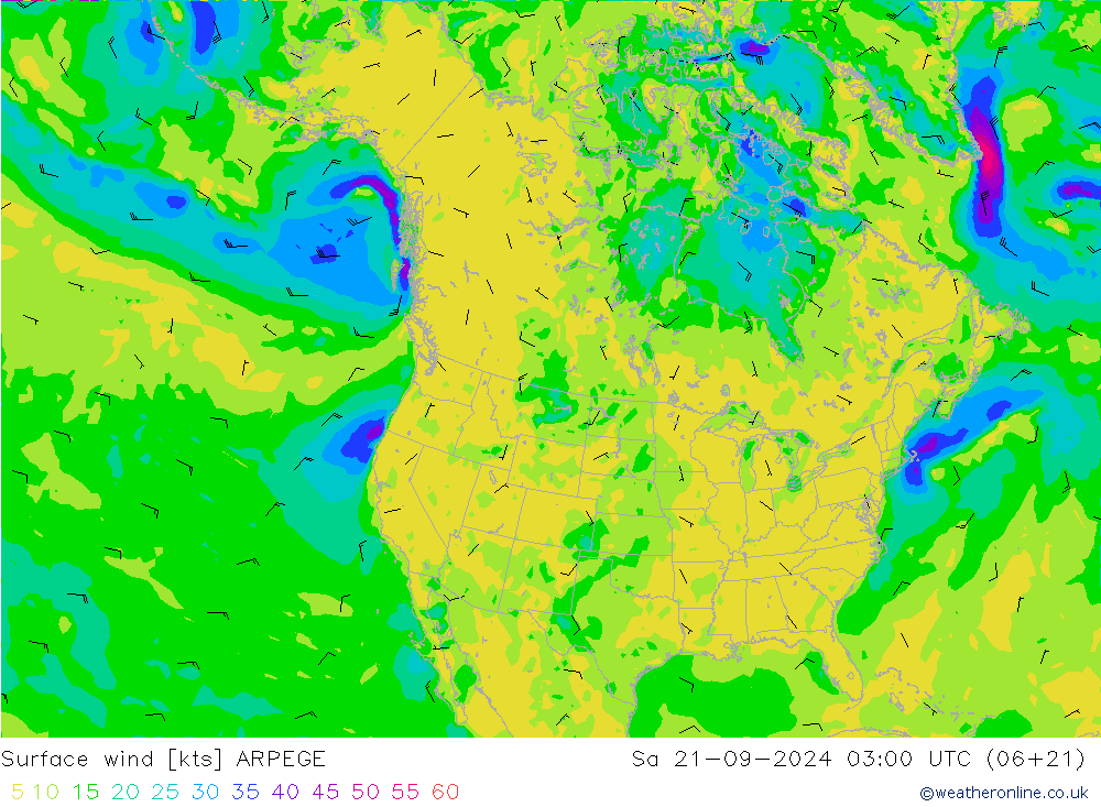 Vento 10 m ARPEGE sab 21.09.2024 03 UTC