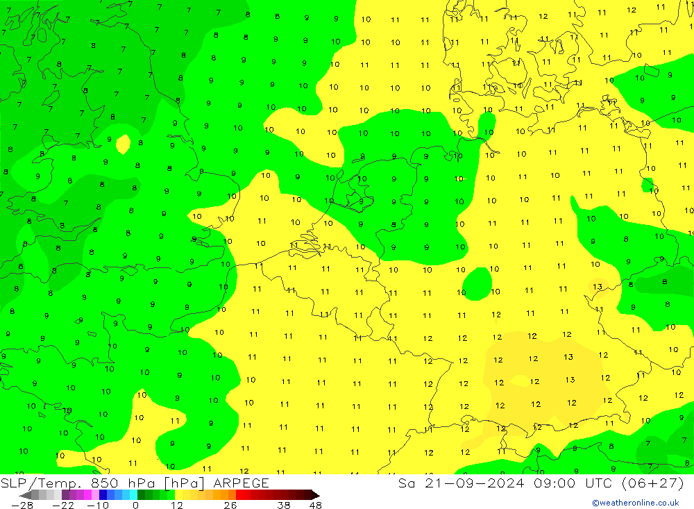 SLP/Temp. 850 hPa ARPEGE Sa 21.09.2024 09 UTC