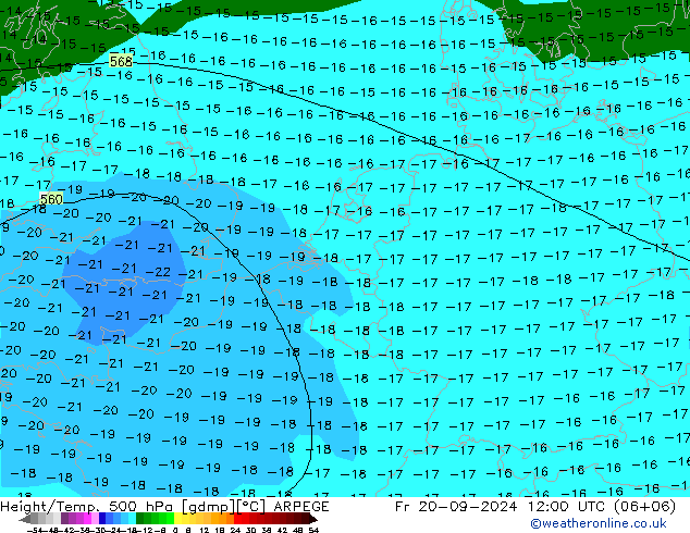 Height/Temp. 500 hPa ARPEGE Fr 20.09.2024 12 UTC