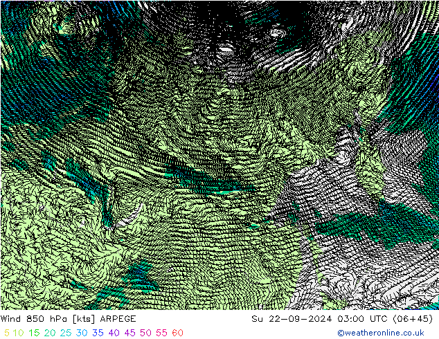 Wind 850 hPa ARPEGE Su 22.09.2024 03 UTC