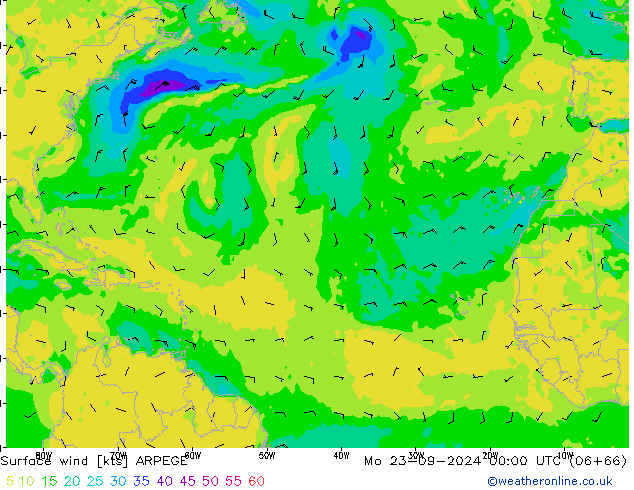 Surface wind ARPEGE Po 23.09.2024 00 UTC