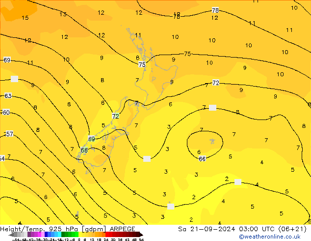 Hoogte/Temp. 925 hPa ARPEGE za 21.09.2024 03 UTC