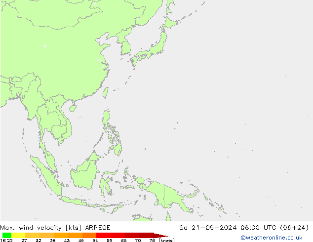 Max. wind velocity ARPEGE Sáb 21.09.2024 06 UTC