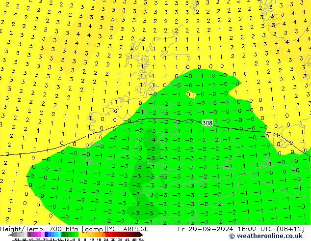 Height/Temp. 700 hPa ARPEGE ven 20.09.2024 18 UTC