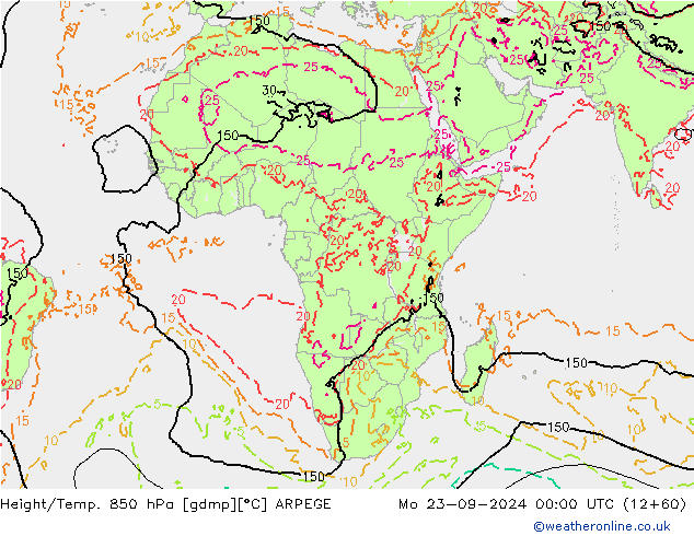 Height/Temp. 850 гПа ARPEGE пн 23.09.2024 00 UTC