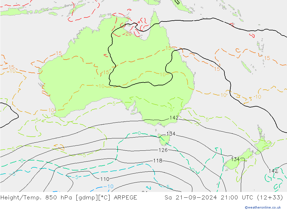 Geop./Temp. 850 hPa ARPEGE sáb 21.09.2024 21 UTC