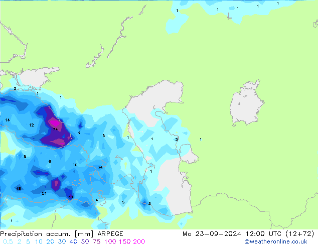 Precipitation accum. ARPEGE Mo 23.09.2024 12 UTC