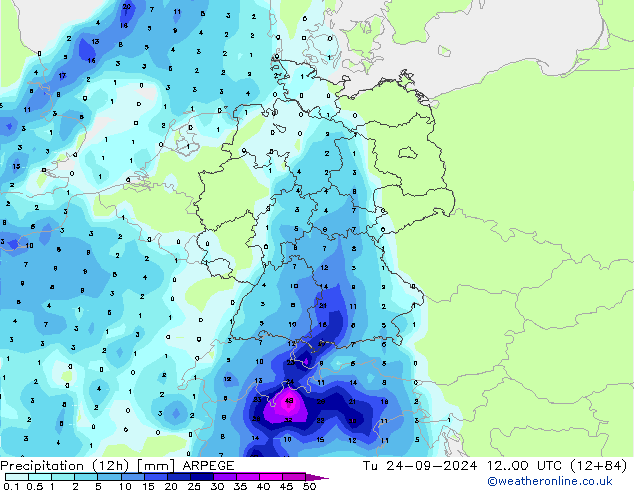 Précipitation (12h) ARPEGE mar 24.09.2024 00 UTC