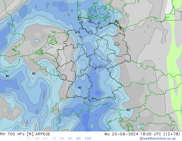 RH 700 hPa ARPEGE Mo 23.09.2024 18 UTC