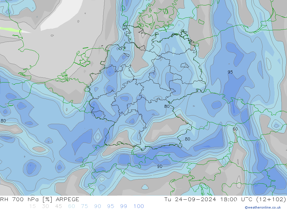 Humidité rel. 700 hPa ARPEGE mar 24.09.2024 18 UTC