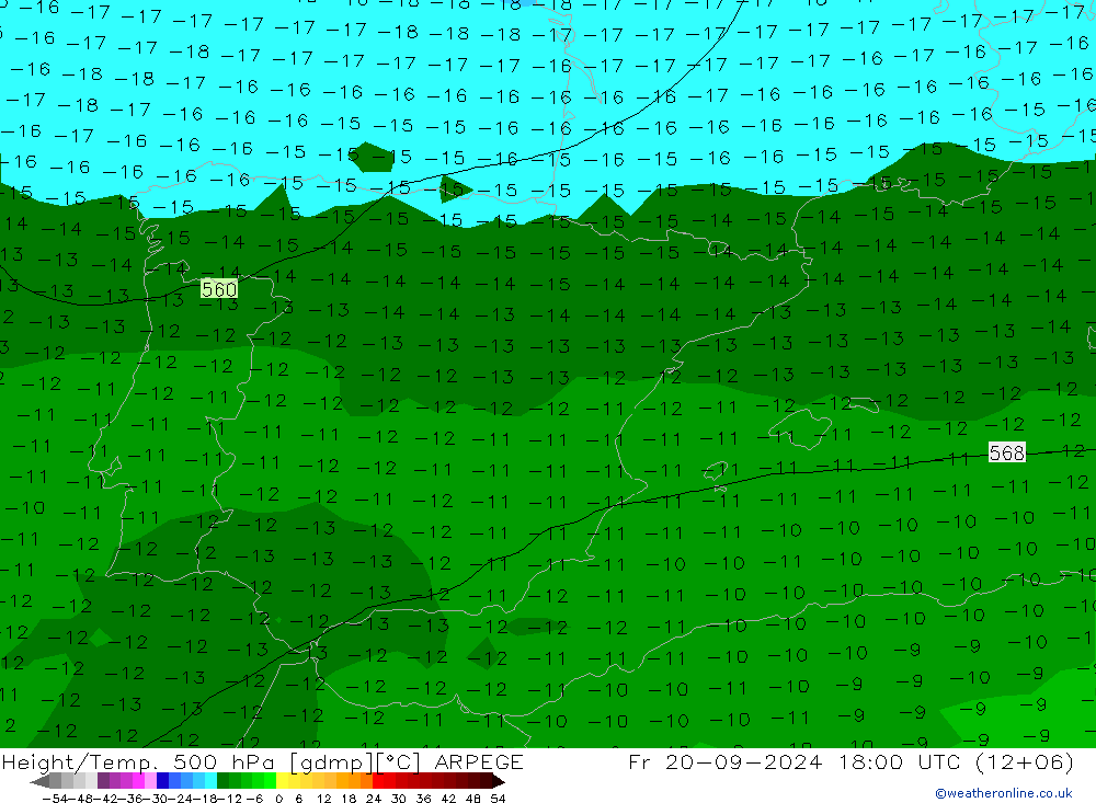 Hoogte/Temp. 500 hPa ARPEGE vr 20.09.2024 18 UTC