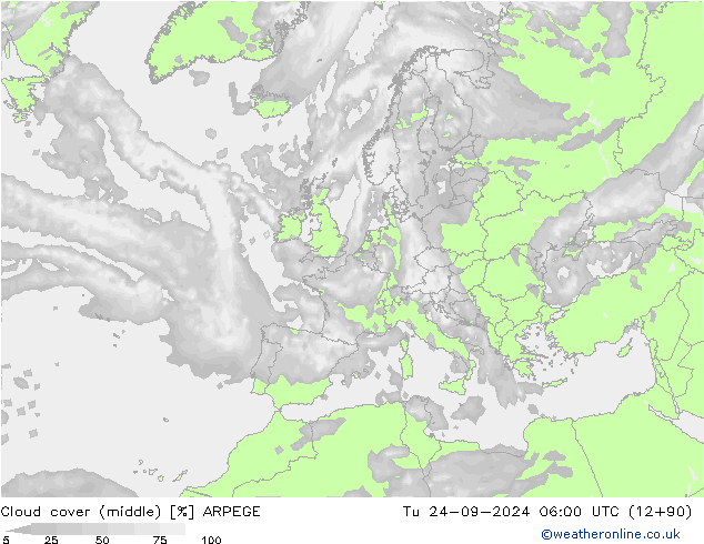 Cloud cover (middle) ARPEGE Tu 24.09.2024 06 UTC