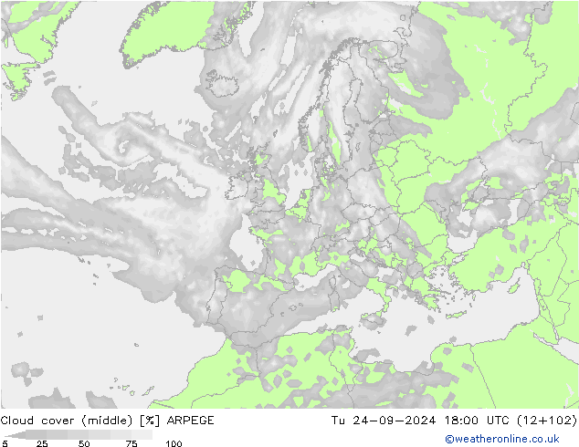 Cloud cover (middle) ARPEGE Tu 24.09.2024 18 UTC