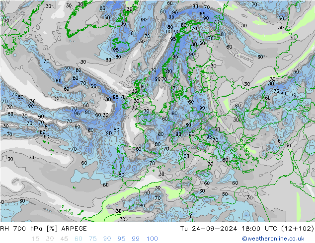 RH 700 hPa ARPEGE Tu 24.09.2024 18 UTC