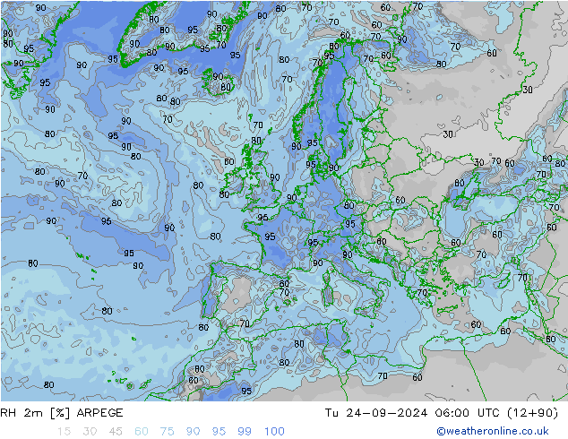 RH 2m ARPEGE Ter 24.09.2024 06 UTC