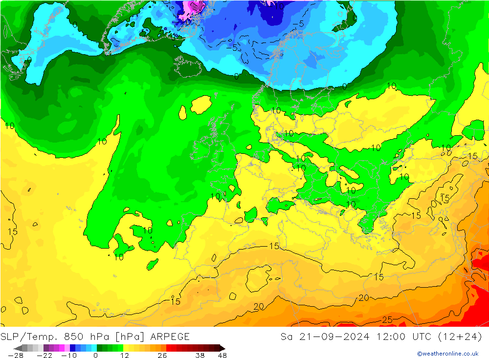 SLP/Temp. 850 hPa ARPEGE Sa 21.09.2024 12 UTC