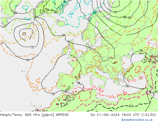 Height/Temp. 925 hPa ARPEGE Sa 21.09.2024 18 UTC