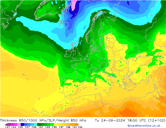 Thck 850-1000 hPa ARPEGE mar 24.09.2024 18 UTC