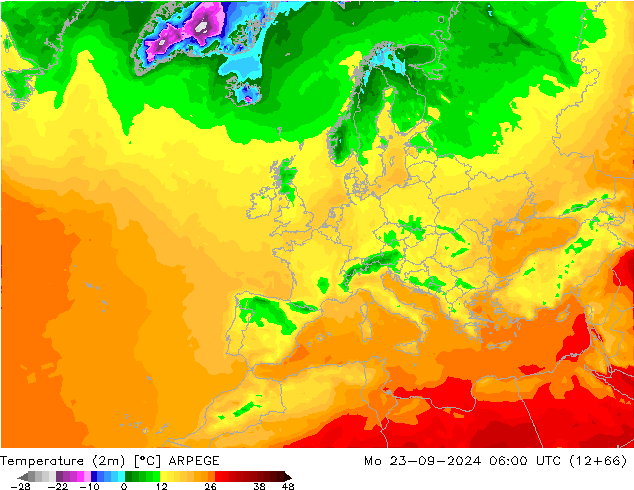 Temperature (2m) ARPEGE Mo 23.09.2024 06 UTC