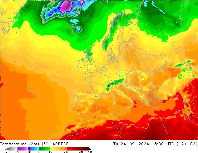 Temperaturkarte (2m) ARPEGE Di 24.09.2024 18 UTC