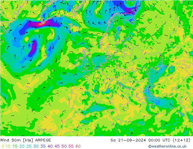 Viento 50 m ARPEGE sáb 21.09.2024 00 UTC