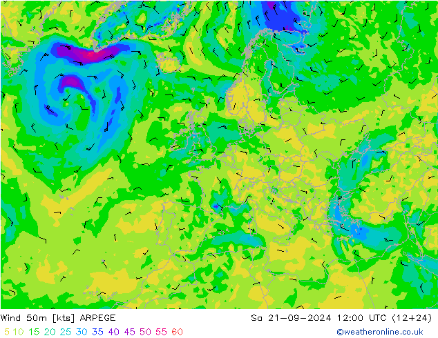 Wind 50 m ARPEGE za 21.09.2024 12 UTC