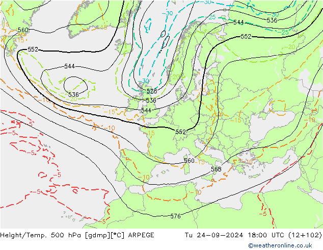 Height/Temp. 500 hPa ARPEGE Út 24.09.2024 18 UTC