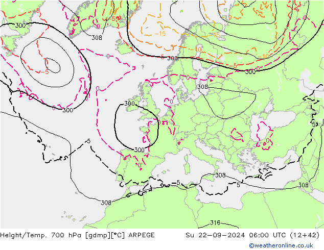 Géop./Temp. 700 hPa ARPEGE dim 22.09.2024 06 UTC