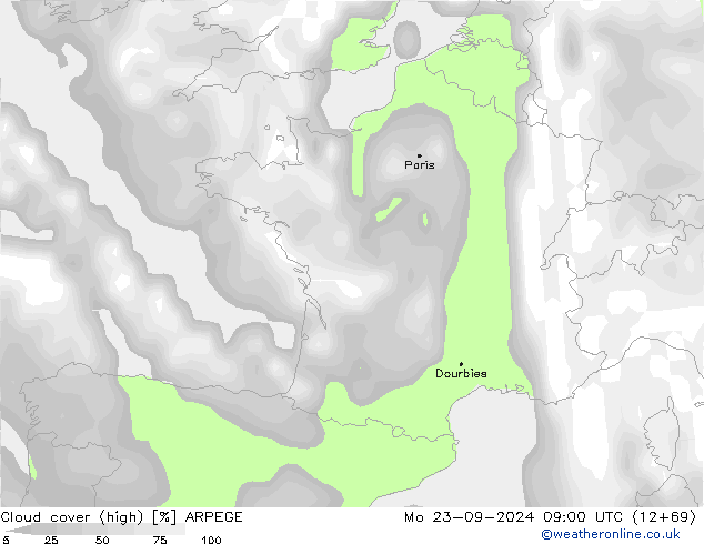 Cloud cover (high) ARPEGE Mo 23.09.2024 09 UTC