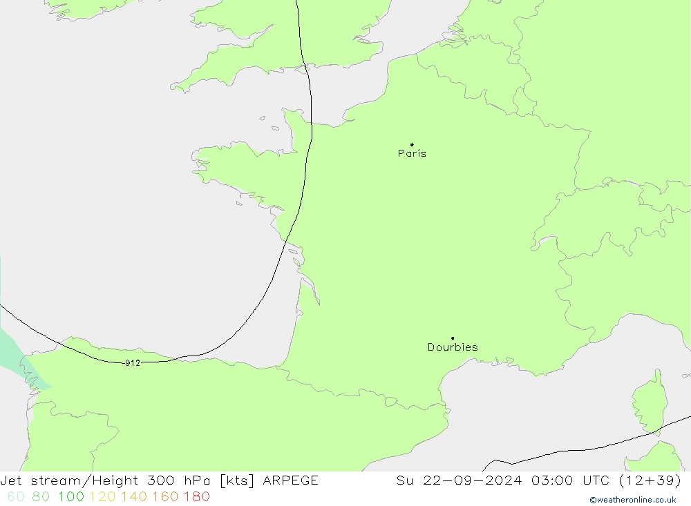 Jet stream/Height 300 hPa ARPEGE Ne 22.09.2024 03 UTC