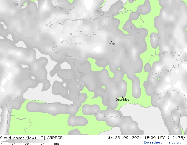 Cloud cover (low) ARPEGE Mo 23.09.2024 18 UTC