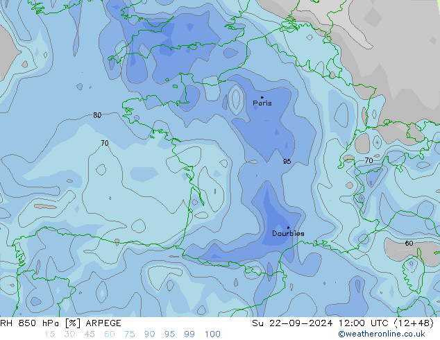 RH 850 hPa ARPEGE Su 22.09.2024 12 UTC