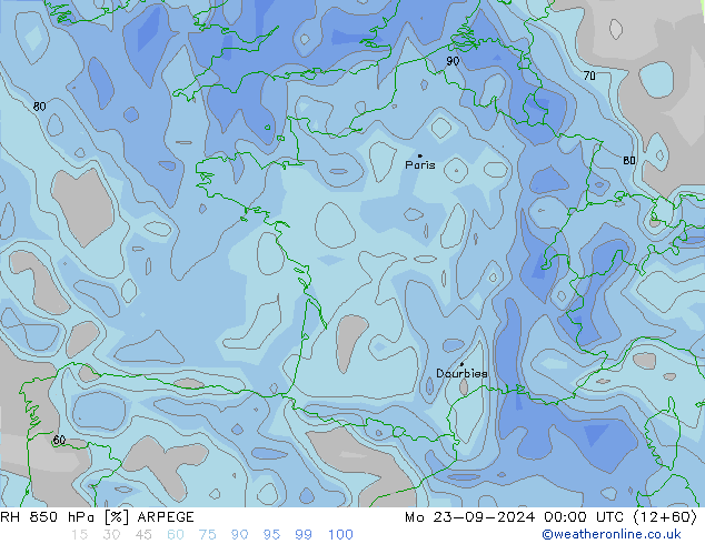 RH 850 hPa ARPEGE Mo 23.09.2024 00 UTC