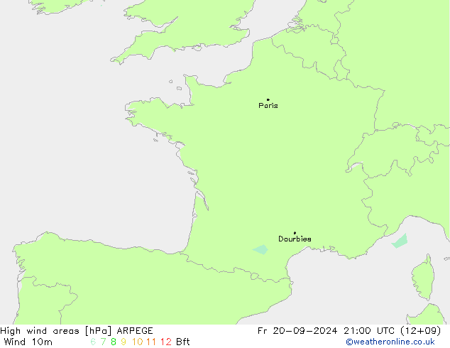 yüksek rüzgarlı alanlar ARPEGE Cu 20.09.2024 21 UTC