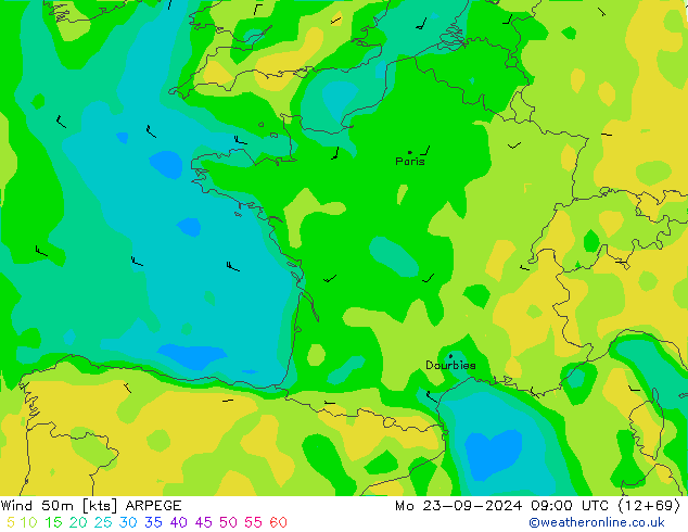 Wind 50m ARPEGE Mo 23.09.2024 09 UTC