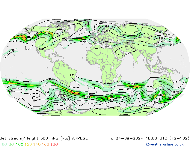 Jet stream/Height 300 hPa ARPEGE Tu 24.09.2024 18 UTC