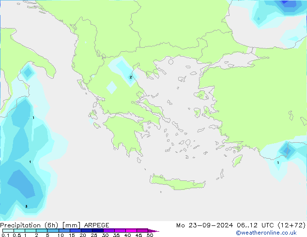 Precipitation (6h) ARPEGE Mo 23.09.2024 12 UTC