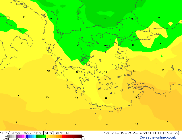 SLP/Temp. 850 hPa ARPEGE Sa 21.09.2024 03 UTC