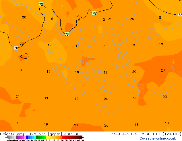 Height/Temp. 925 hPa ARPEGE Út 24.09.2024 18 UTC